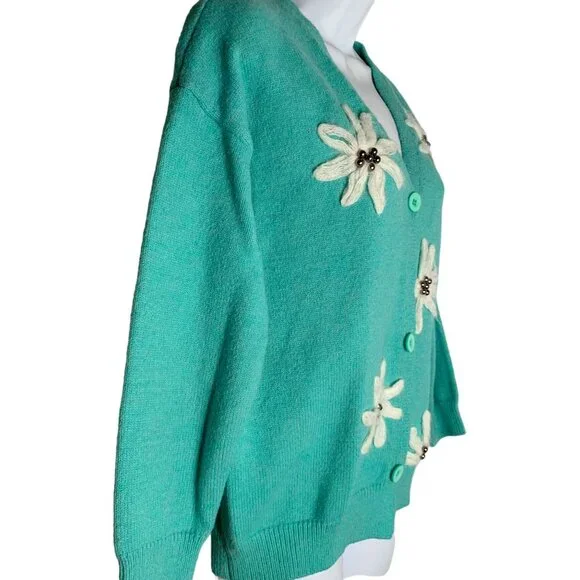 Embroidered Knit Cardigan Sweater M Blue Green Buttons V Neck Yarn Flowers Beads - Picture 3 of 5